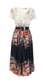 Midi-length elegant midi dress Julia Dress with floral print, soft neckline, defined waist, and statement belt in flowing viscose fabric.