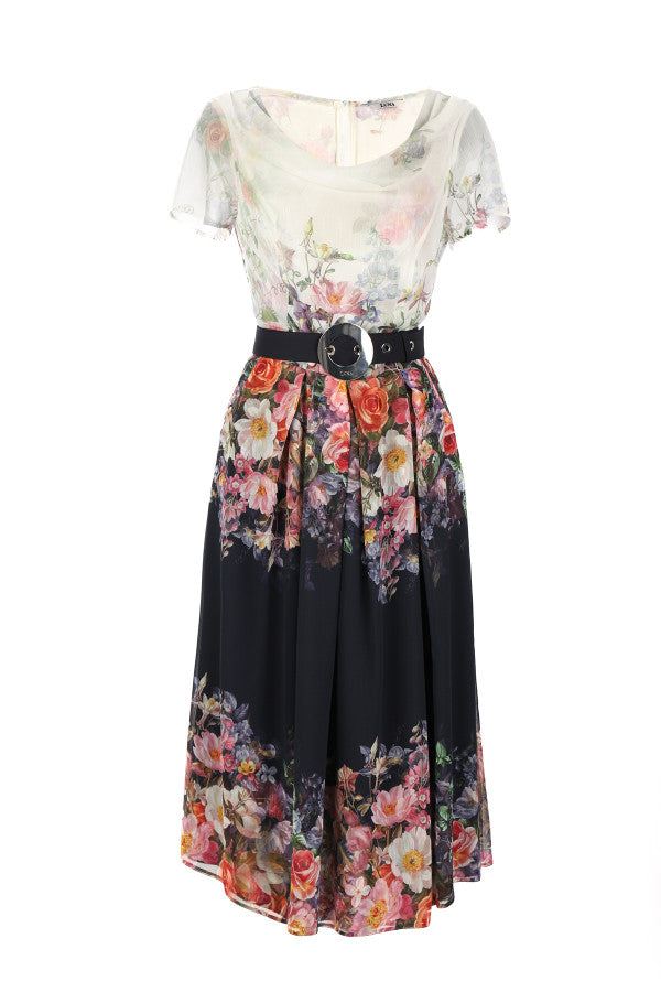 Midi-length elegant midi dress Julia Dress with floral print, soft neckline, defined waist, and statement belt in flowing viscose fabric.