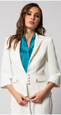 Woman wearing a fitted white tailored blazer with three-quarter sleeves and a teal scarf in a studio setting