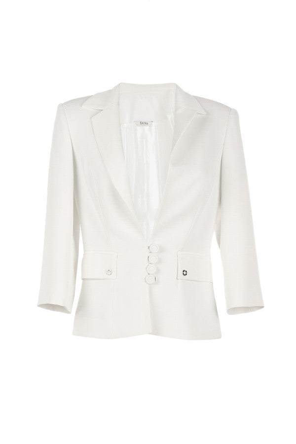 White tailored blazer Alexa with sharp lapel, fitted silhouette, and five-button front closure, designed for modern power dressing.
