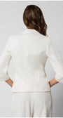 Back view of a fitted white tailored blazer with three-quarter sleeves on a woman with wavy hair