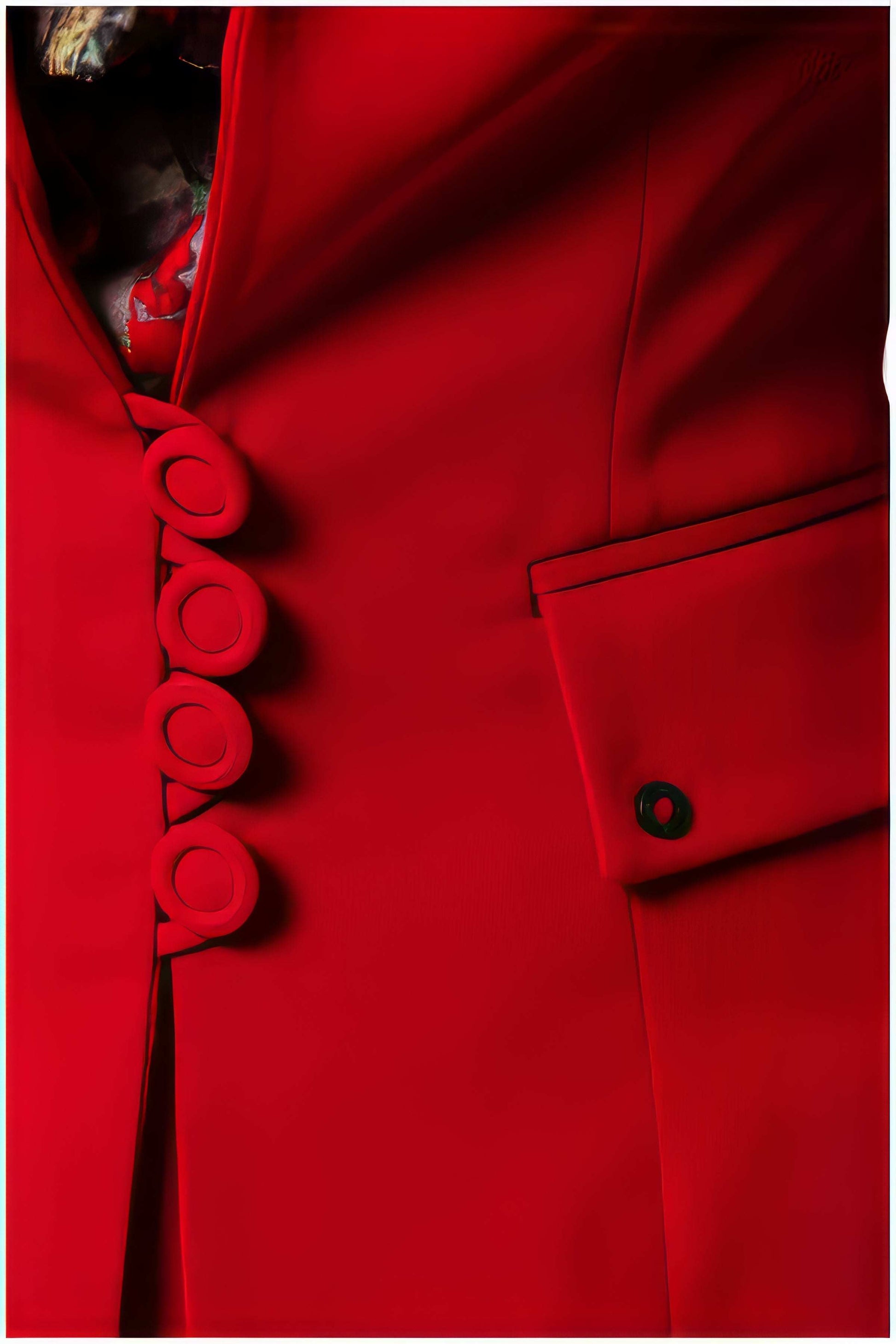 Close-up of the Alexa Tailored Blazer in Red showing detailed buttons and pocket design in luxurious fabric