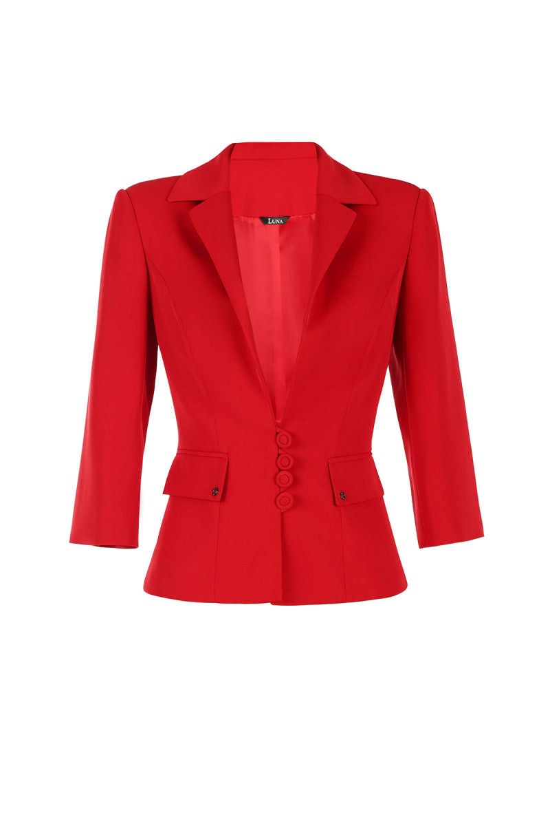 Alexa Tailored Blazer in Red | Three-Quarter Sleeve Red Power Blazer Pairs with Greta Pants Red Detail and Tina Jumpsuits | Luna Fashion House