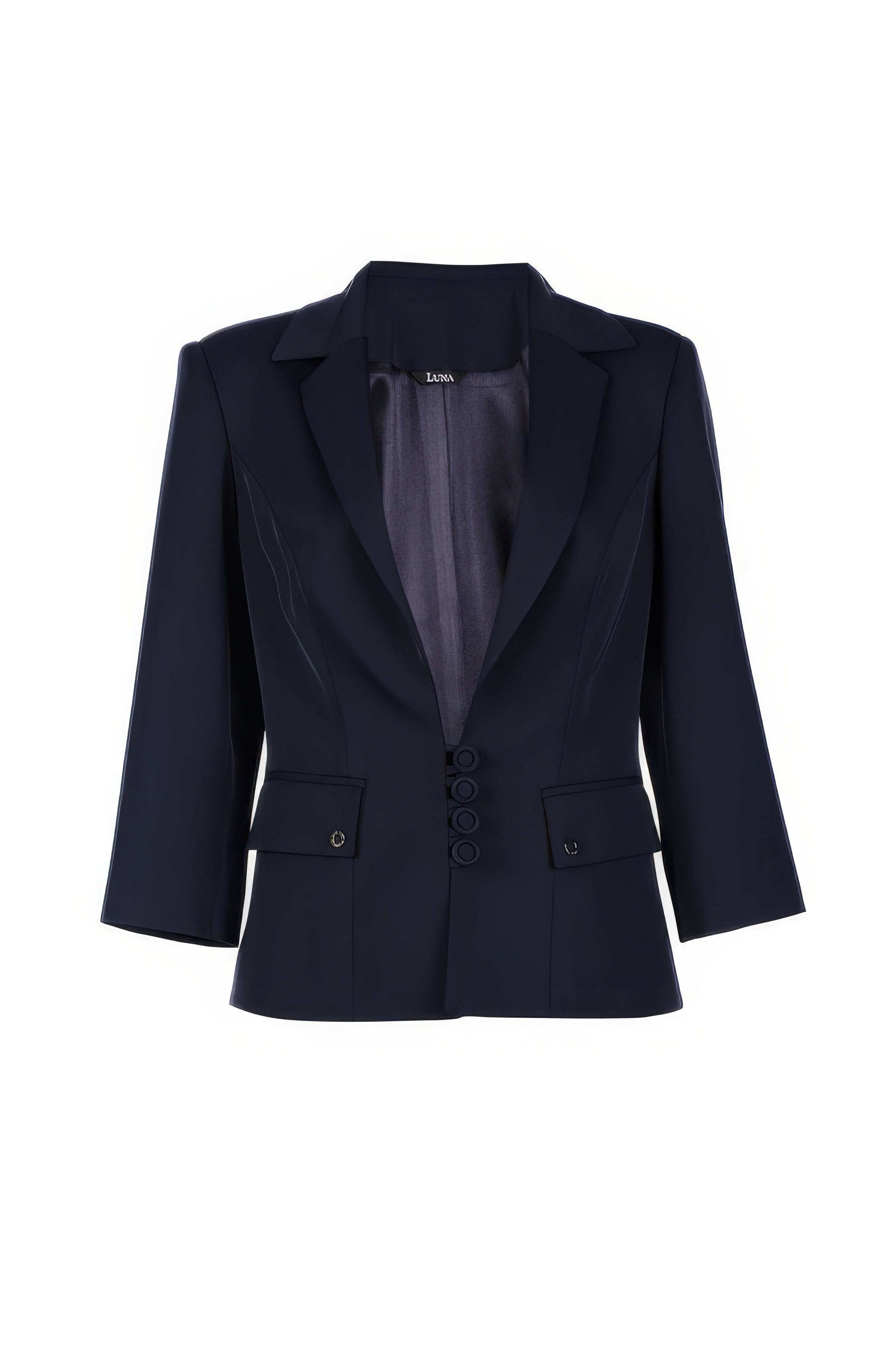 Alexa Tailored Blazer in Navy with 3/4 sleeves, crafted from viscose for a refined and comfortable fit.