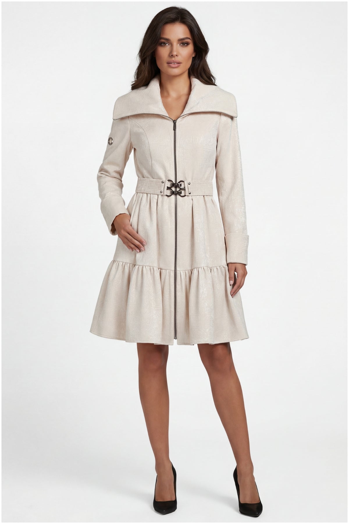 Woman wearing a beige coat with a white background