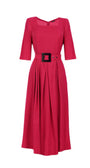 Charlotte Elegant Midi Dress in deep red with square neckline, three-quarter sleeves, and a belted waist detail.