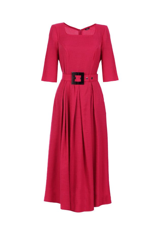 Pink elegant midi dress with square neckline, tailored sleeves, pleated skirt, and bold belt with sculpted buckle detail.