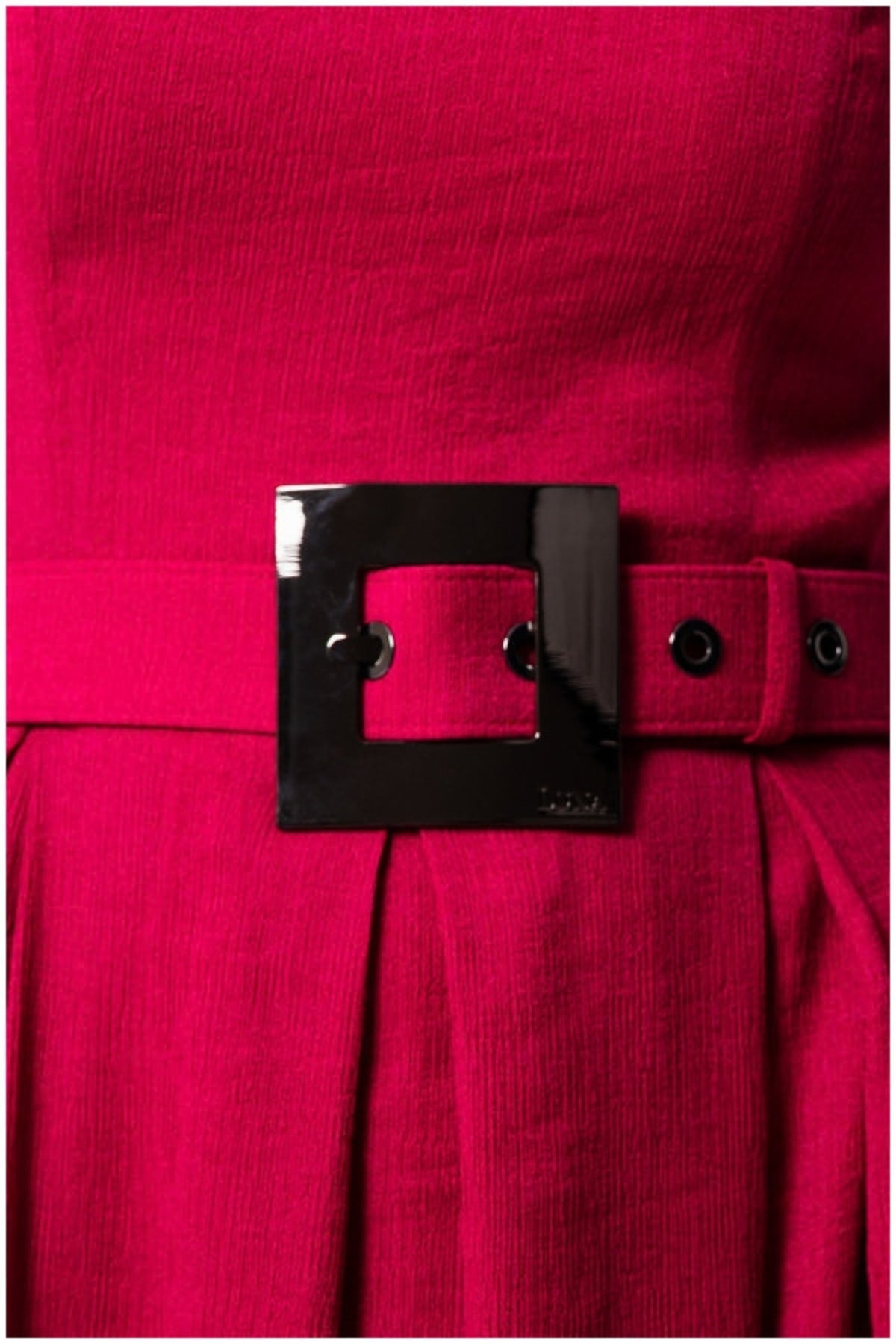 Pink Elegant Midi Dress, Charlotte. Close up of the black buckle belt at the waist.