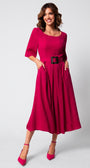 Pink Elegant Midi Dress, Charlotte. Front view on the model, 3/4 sleeves and a buckle belt.