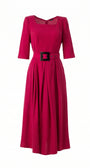 Pink Elegant Midi Dress, Charlotte. Photographed on its own, front, with the buckle belt.