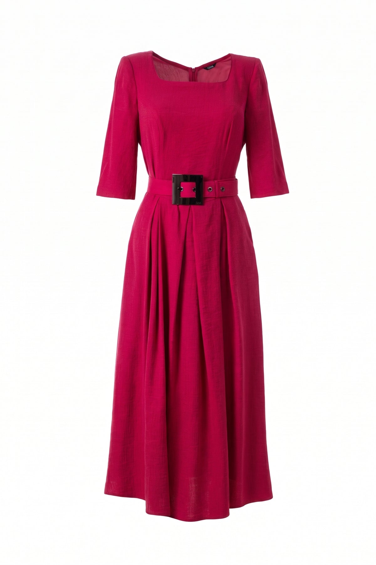 Pink Elegant Midi Dress, Charlotte. Photographed on its own, front, with the buckle belt.