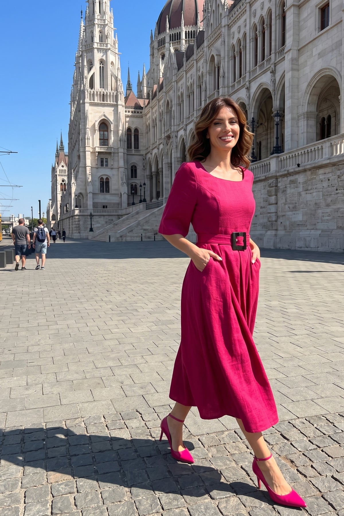 Pink Elegant Midi Dress, Charlotte. Worn in front of a historic building.