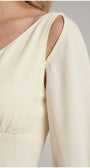 Detail of the Rebeka sheer cape sleeve split at the shoulder over the ivory bodice
