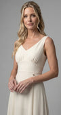 Detail of the Rebeka V neckline, gathered empire bodice and slim waist belt in ivory