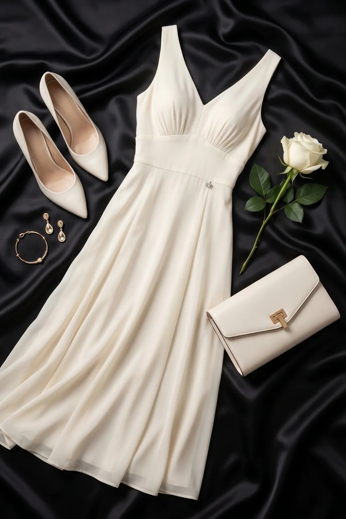 Rebeka ivory gown styled flat with white pumps, clutch, gold jewelry and a white rose