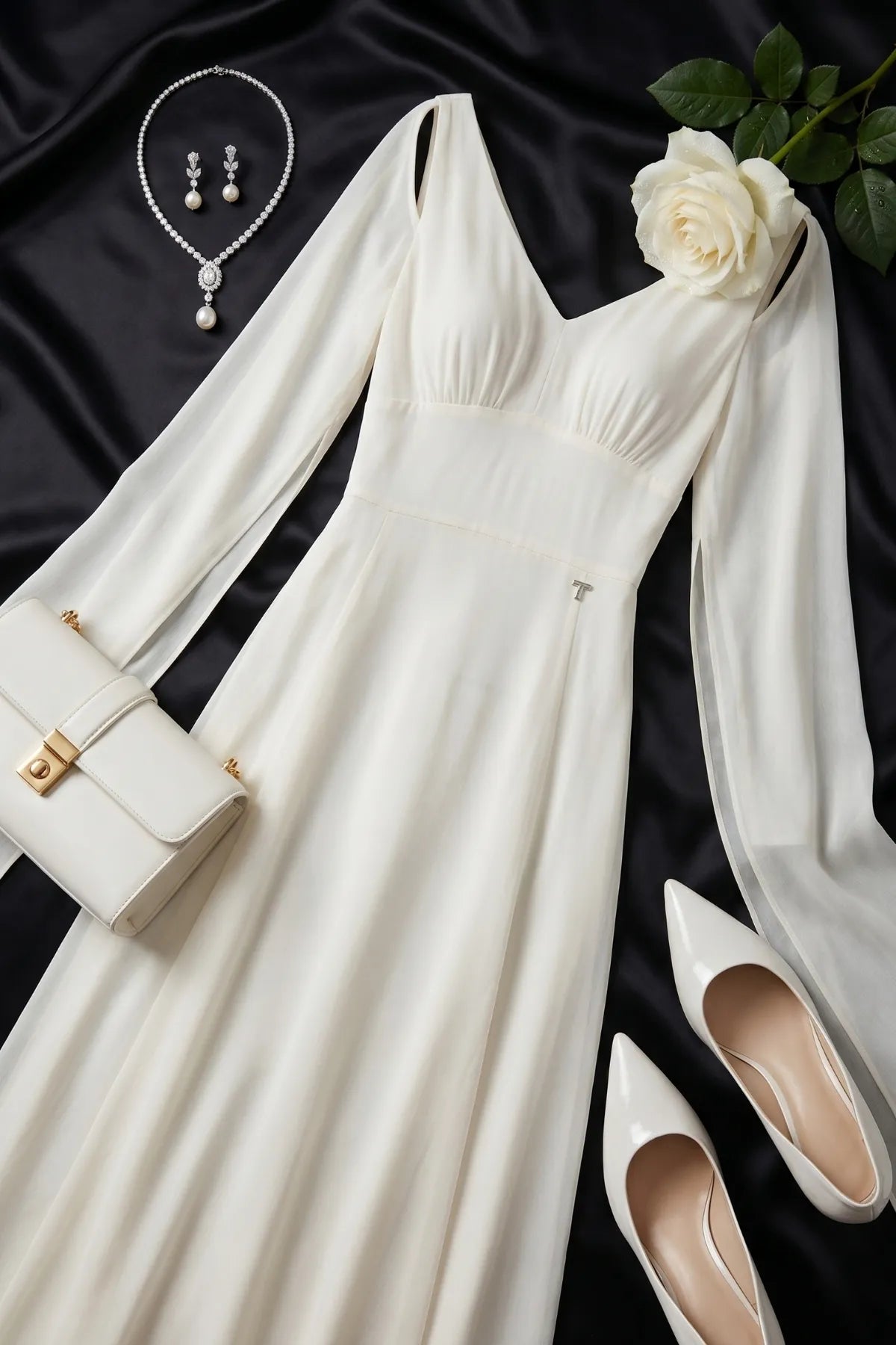 Rebeka ivory gown styled on black satin with white heels, clutch, pearl jewelry and a white rose