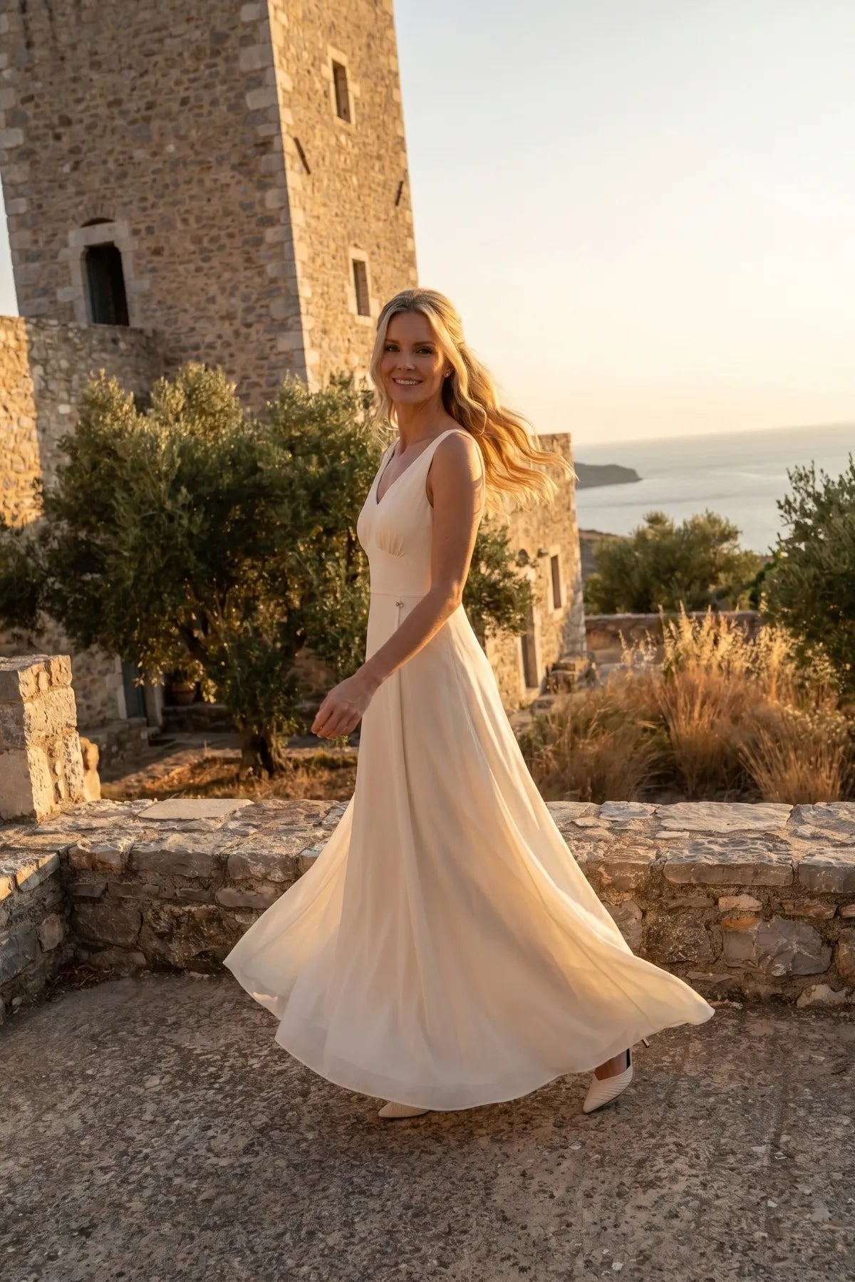Rebeka ivory gown worn sleeveless against a coastal stone tower at golden hour