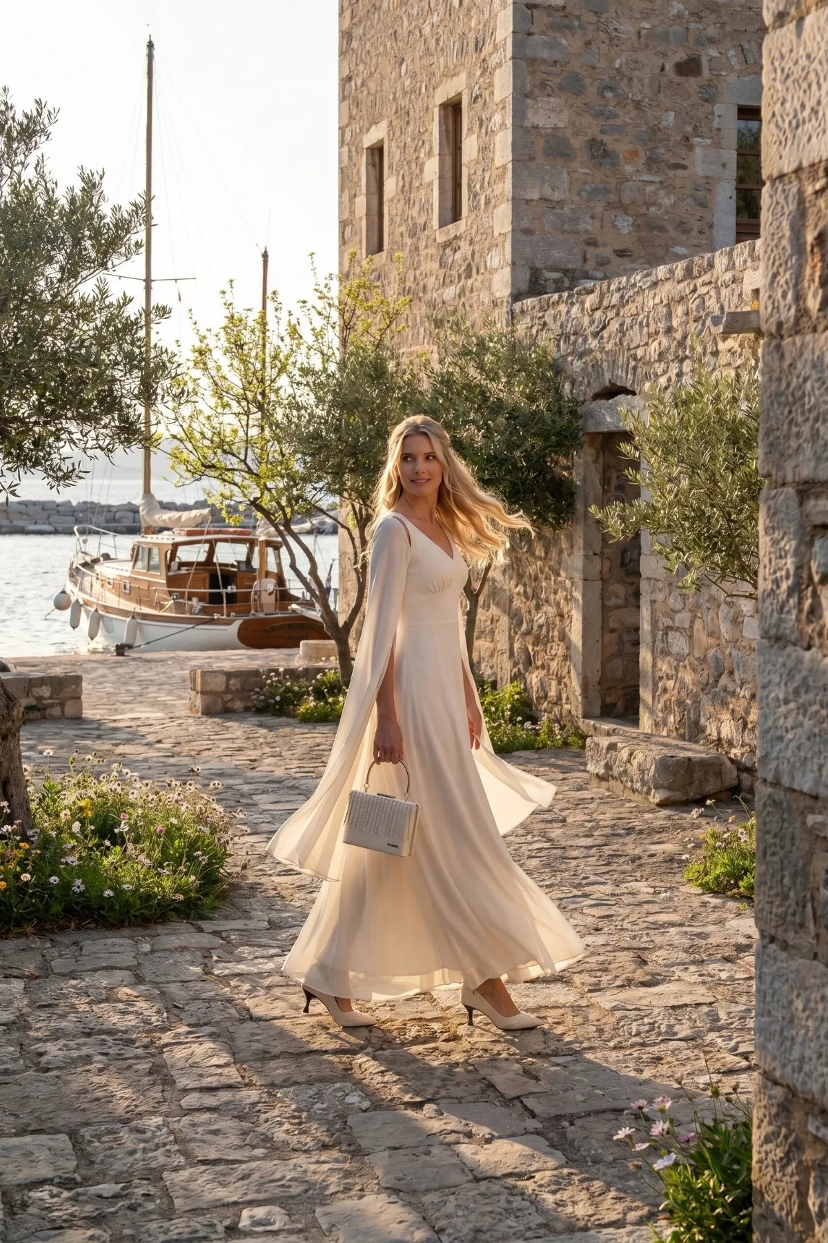 Rebeka ivory cape-sleeve gown worn on a sunlit stone harbor walkway