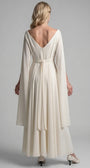 Back of the Rebeka ivory gown with V back, concealed zipper, waist tie and sheer cape sleeves