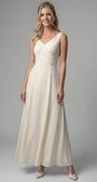 Front view of the Rebeka ivory gown worn sleeveless with the cape sleeves removed