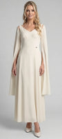 Rebeka ivory full-length gown with V neckline, gathered empire bodice and sheer cape sleeves