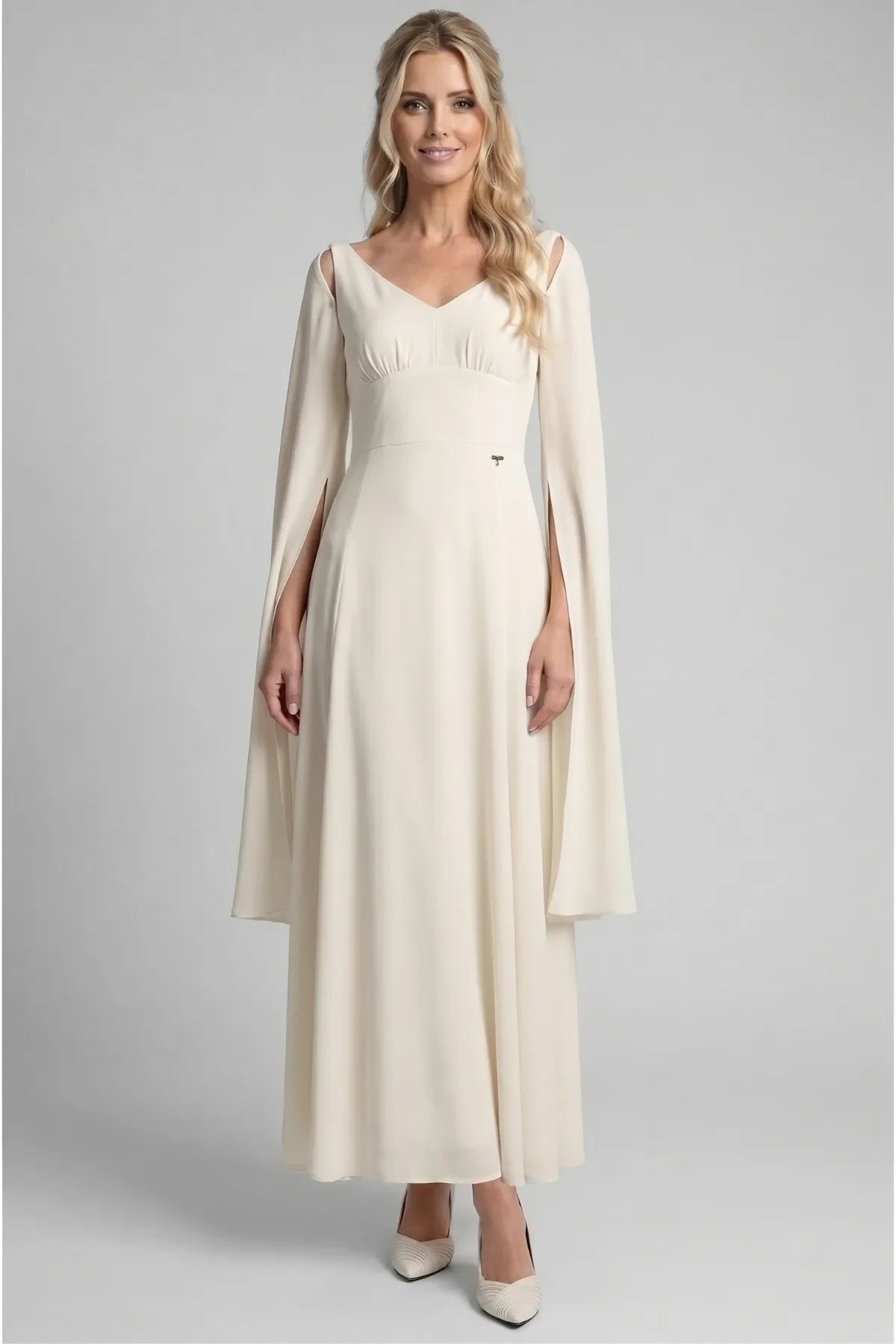 Rebeka ivory full-length gown with V neckline, gathered empire bodice and sheer cape sleeves