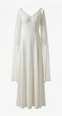Rebeka ivory gown shown alone with V neckline, empire waist and full-length A-line skirt
