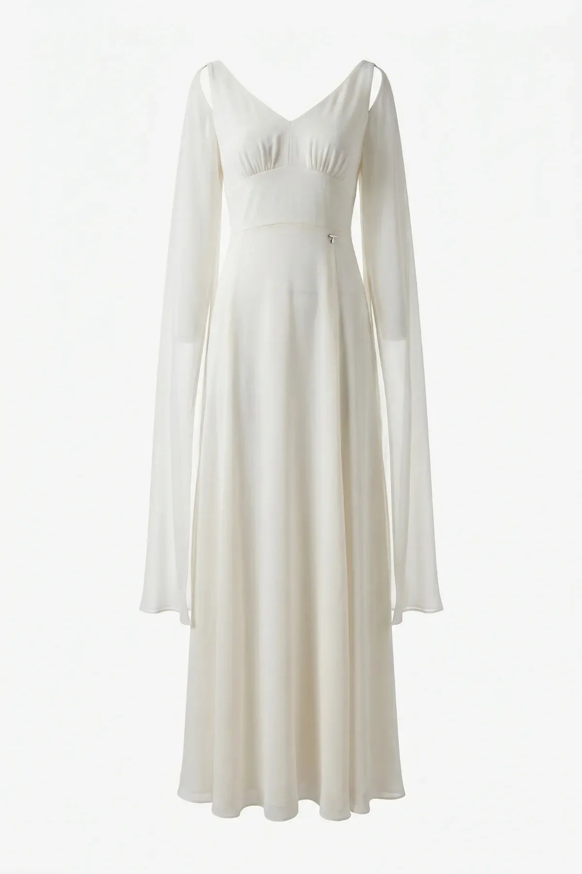 Rebeka ivory gown shown alone with V neckline, empire waist and full-length A-line skirt