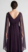 Detail of the Rebeka gathered empire bodice, waist belt and sheer chiffon drape sleeve in deep plum