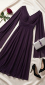 Rebeka plum gown styled on satin with black heels, silver clutch, amethyst jewelry and a rose