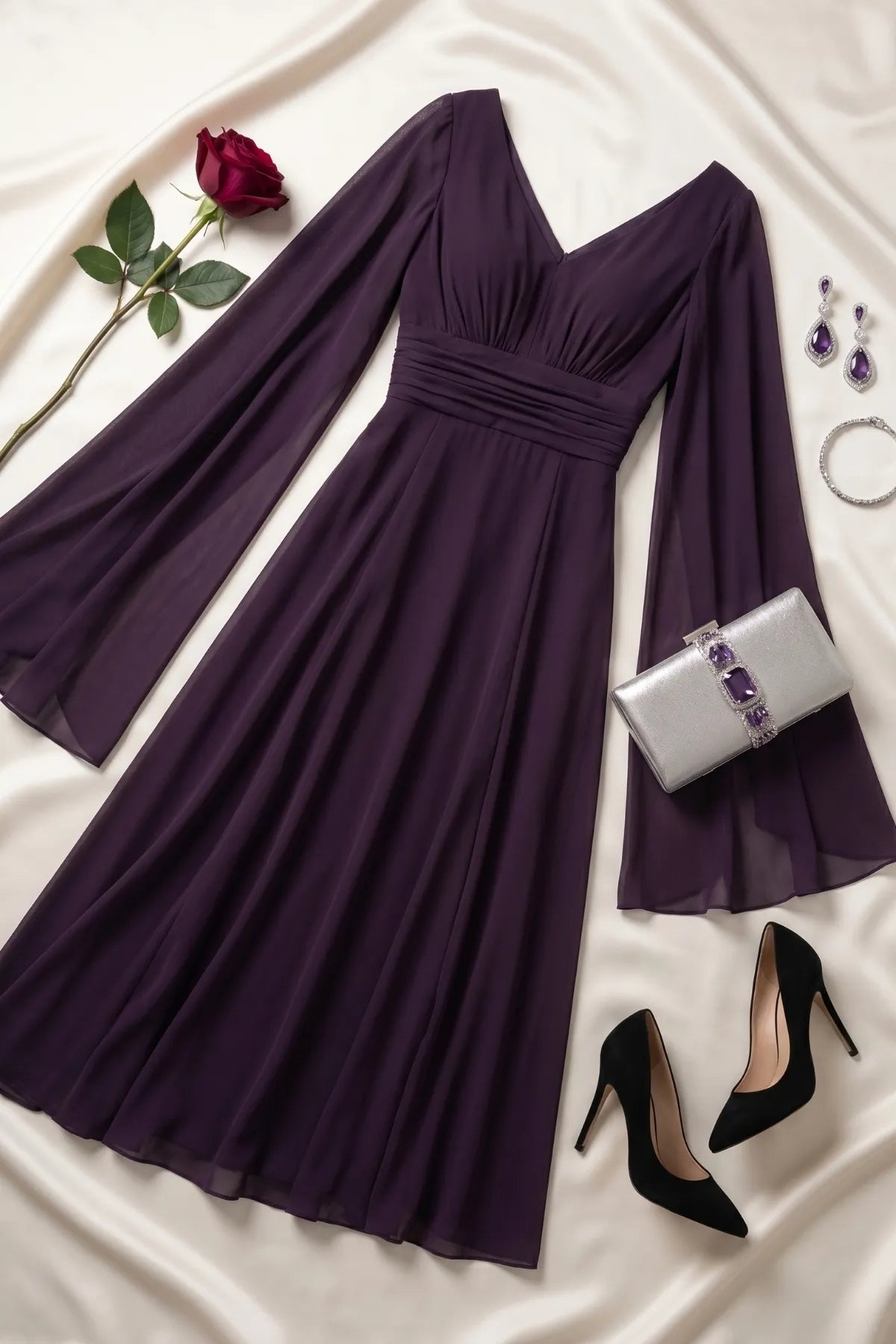 Rebeka plum gown styled on satin with black heels, silver clutch, amethyst jewelry and a rose