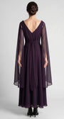 Back of the Rebeka plum gown with V back, hidden zipper, sash tie and long sheer drape sleeves