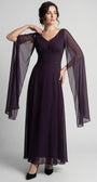 Rebeka plum full-length gown with V neckline, gathered empire bodice and sheer drape sleeves