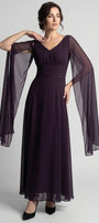 Rebeka plum full-length gown with V neckline, gathered empire bodice and sheer drape sleeves