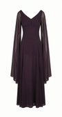 Rebeka plum gown shown alone with V neckline, empire waist and flowing full-length A-line skirt