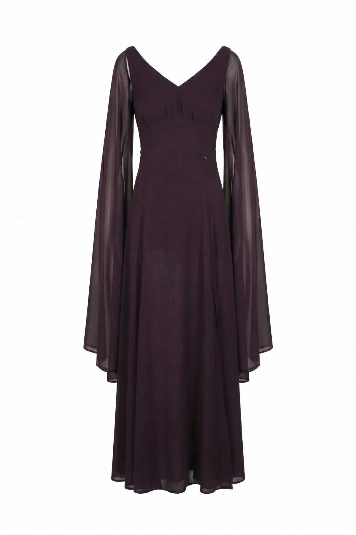 Rebeka plum gown shown alone with V neckline, empire waist and flowing full-length A-line skirt