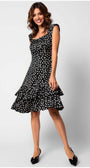 Black polka dot sleeveless A-line midi dress with ruffled hem, Betty by Luna Fashion House