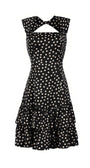 Close up of black polka dot print on Betty midi dress, Luna Fashion House