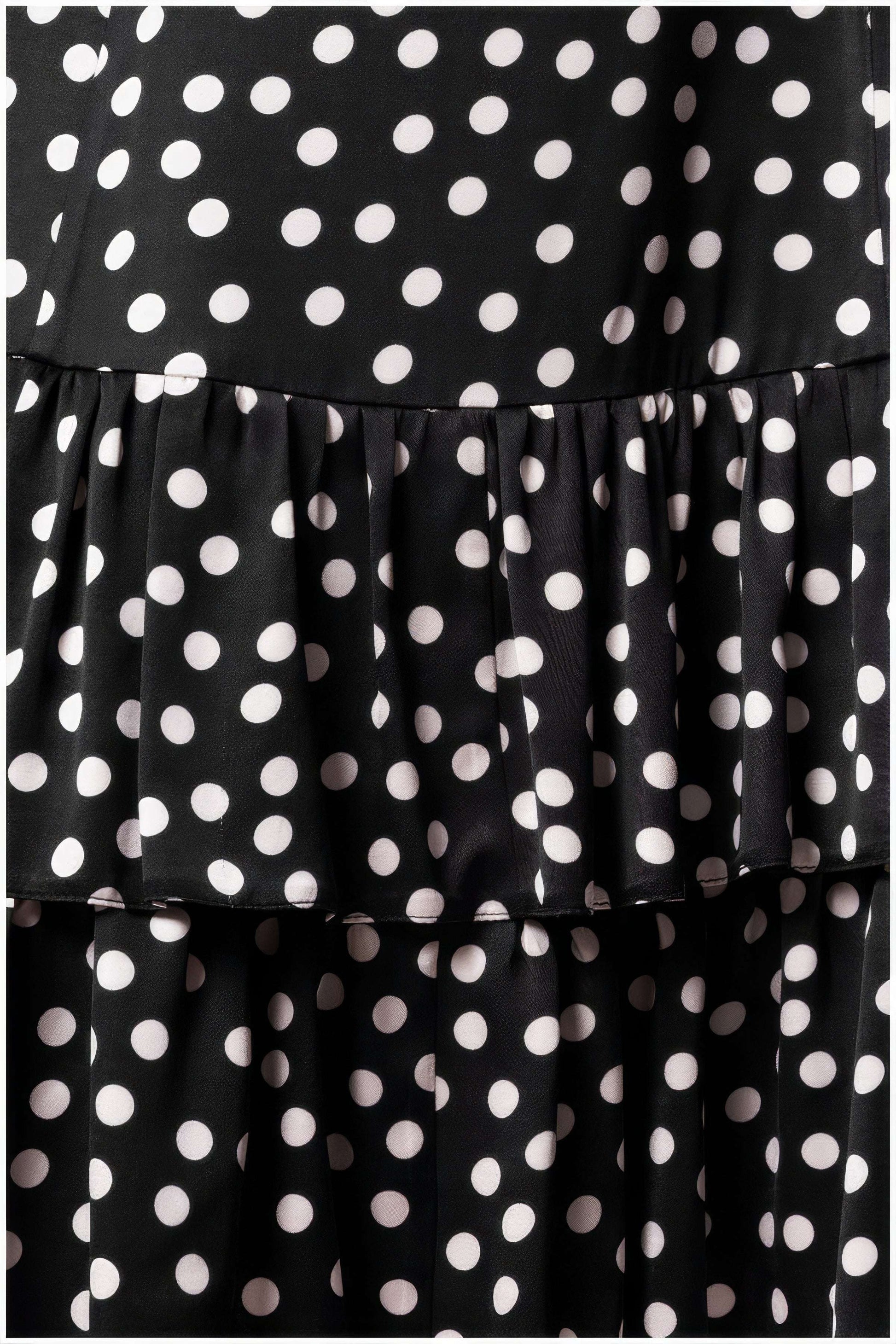 Ruffled hem detail on black polka dot Betty midi dress, Luna Fashion House