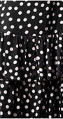Close-up of black satin fabric with white polka dots and tiered ruffle detailing on a dress hem