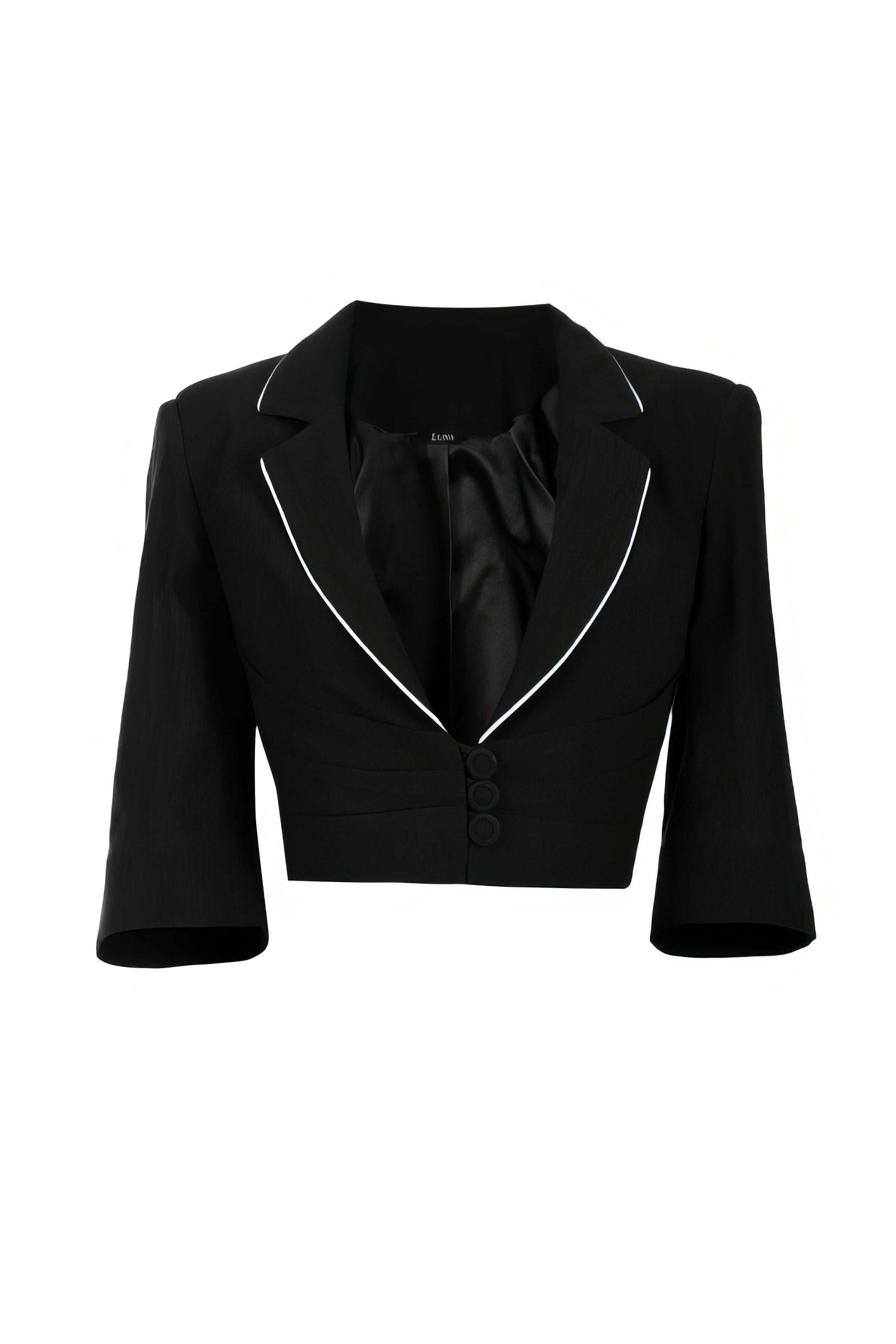 Rina Cropped Blazer in black with white piping detail and three-button closure showcasing modern tailored design.