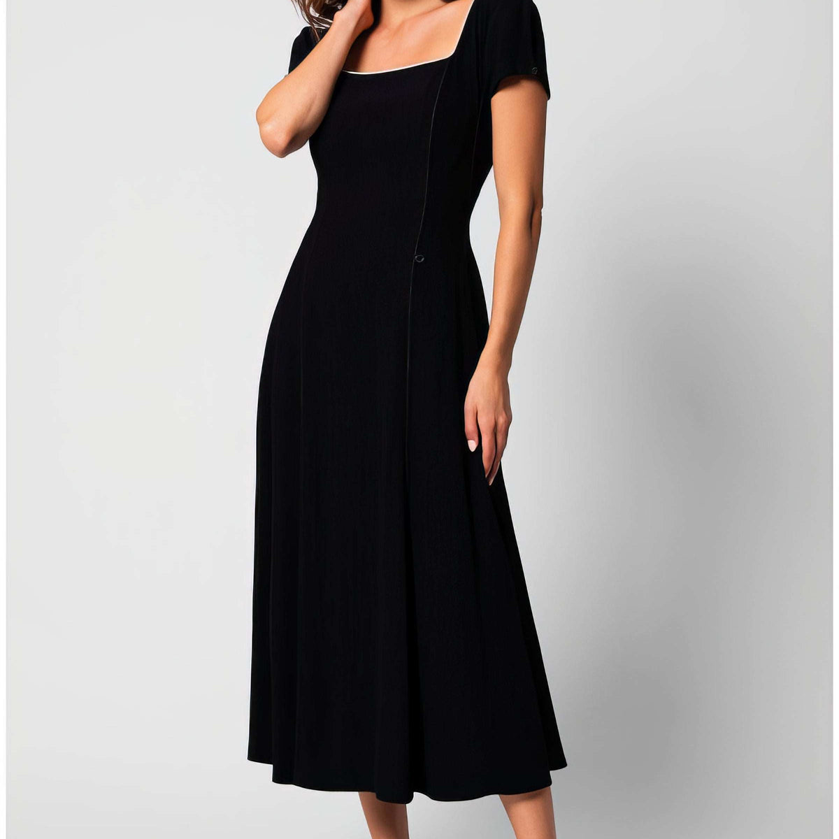 Black Elegant Midi Dress, Rina. White piping at the neckline, short sleeves, A-line skirt to mid-calf.