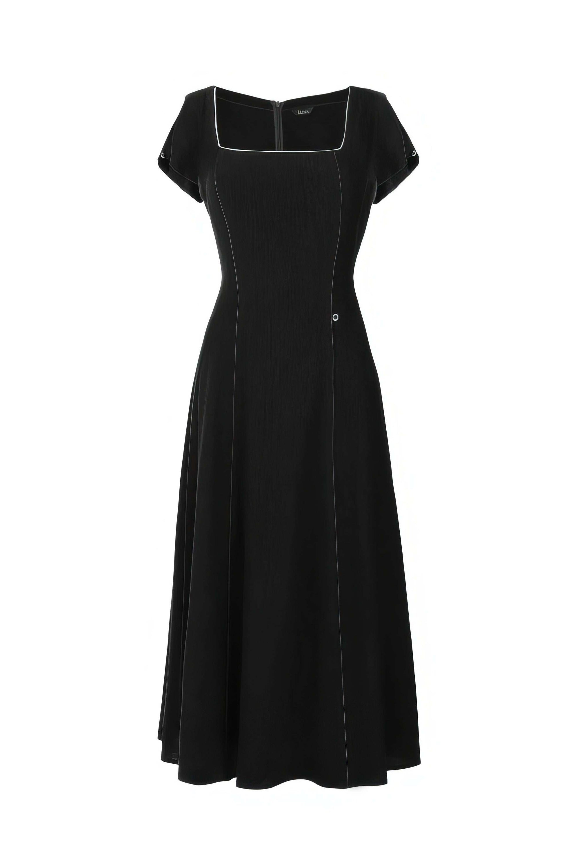 Rina Elegant Midi Dress in Black with a square neckline and subtle white piping, perfect for elegant evening occasions.