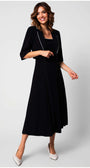 Woman wearing the Rina Elegant Midi Dress in Black, showcasing modern femininity and elegant design by Luna Fashion House