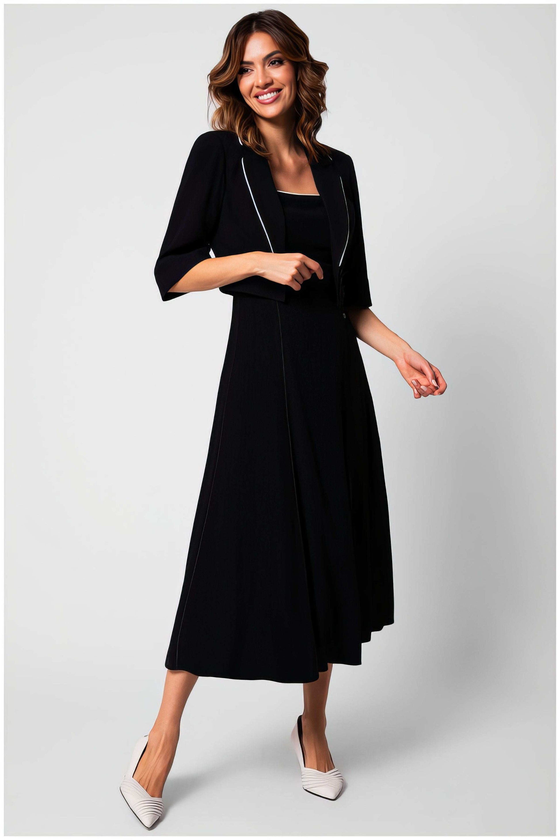 Woman wearing the Rina Elegant Midi Dress in Black, showcasing modern femininity and elegant design by Luna Fashion House