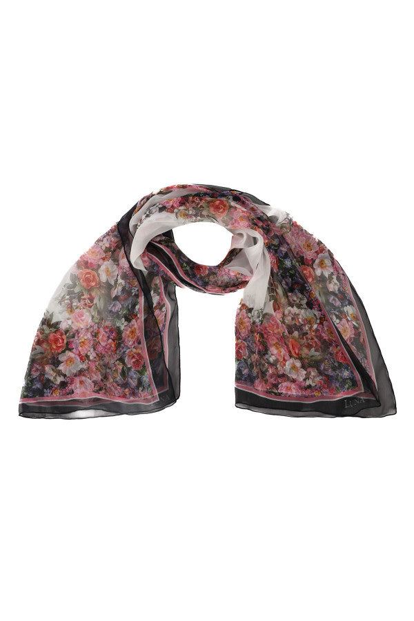 Elegant Loretta silk floral scarf with floral print and delicate contrasting border, lightweight and versatile for any outfit.