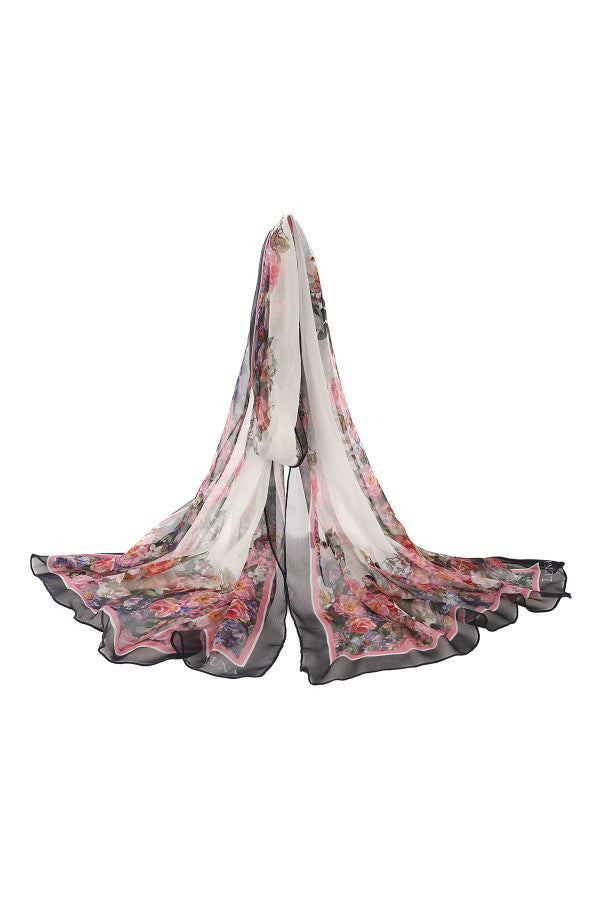 Lightweight pure silk floral scarf Loretta with floral print and delicate contrasting border, elegant draped style.