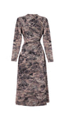 Flat lay of taupe abstract midi dress with roached waist and long sleeves. Luna Fashion House