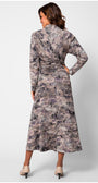 Back view of Mila Draped Midi Dress with waist rouching and subtle print detail. Luna Fashion House