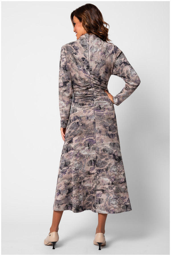 Back view of Mila Draped Midi Dress with waist rouching and subtle print detail. Luna Fashion House
